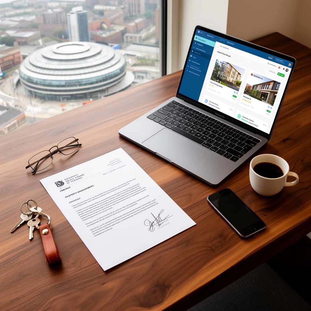 Property management workspace overlooking Birmingham